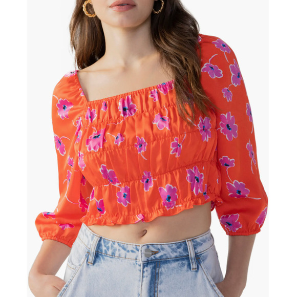 Sanctuary NWT Woven Satin 3/4 Puffed Sleeve Smocked Floral Print Red Crop Top S - Picture 9 of 10